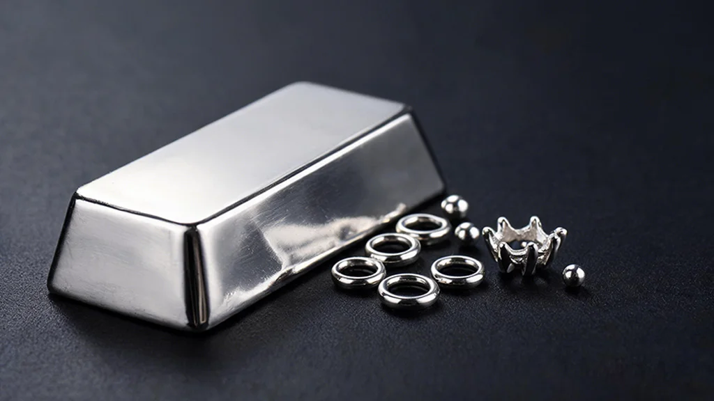 Close up of polished 950 platinum ingot and jewelry grade platinum findings