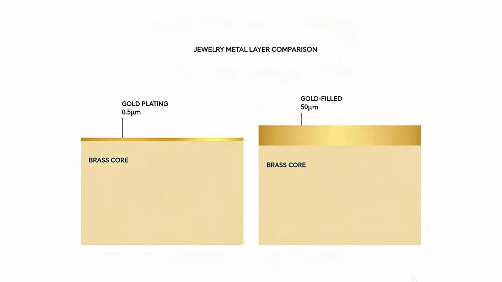 Cross section diagram showing gold layer thickness in gold plated vs gold filled jewelry