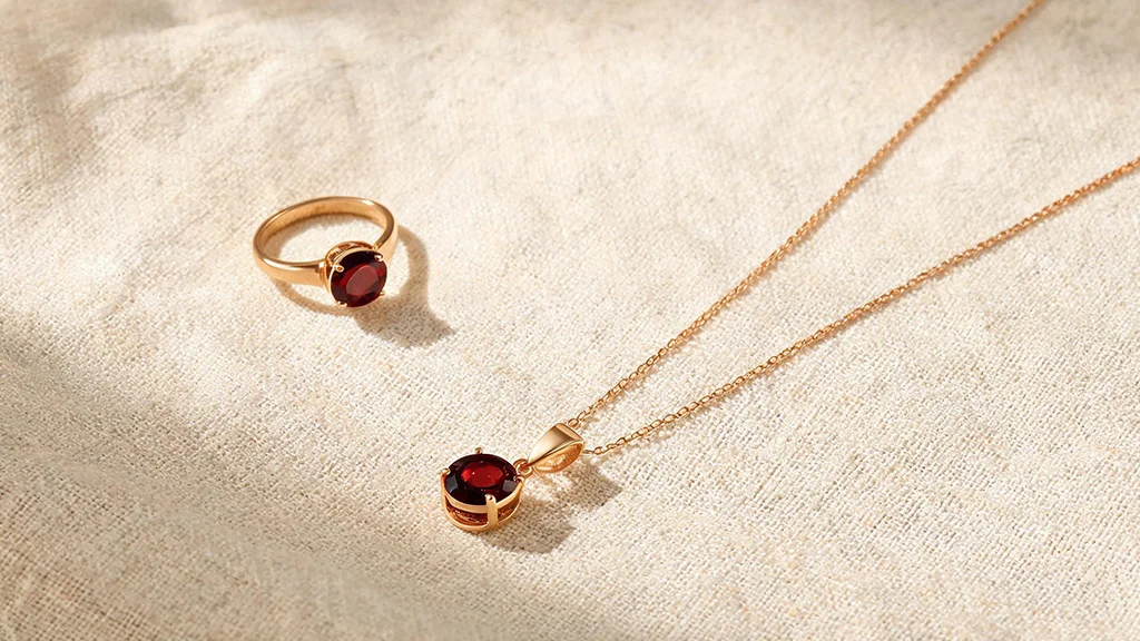 Deep red garnet ring and pendant necklace, January's birthstone