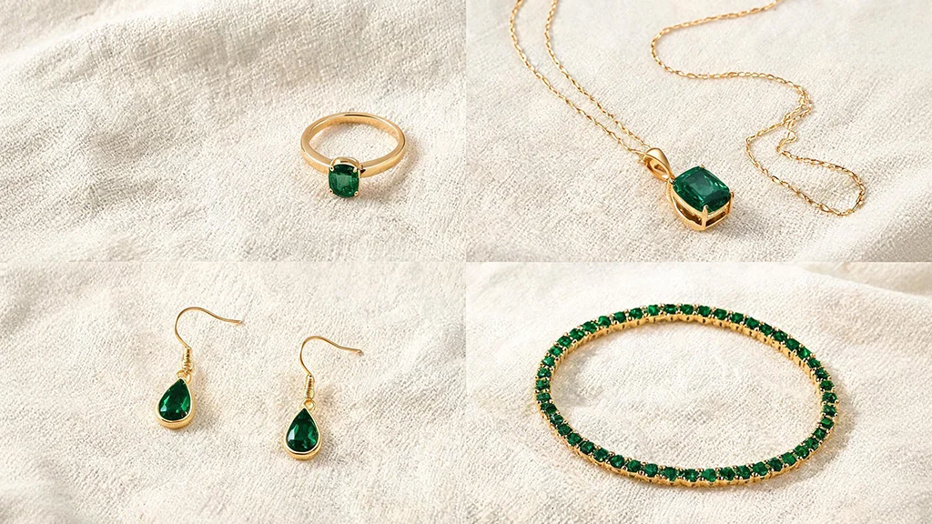 Emerald jewelry collection including a ring, necklace, earrings, and bracelet