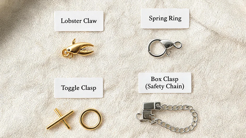 Four types of bracelet clasps side by side lobster claw, spring ring, toggle, and box clasp with safety chain