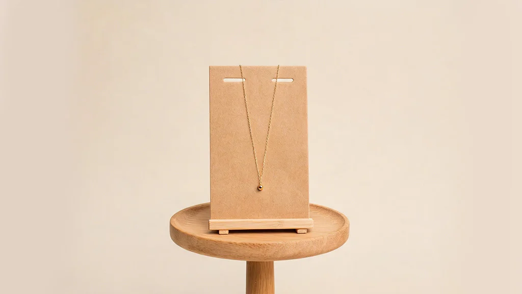 Gold necklace displayed on a kraft jewelry card for retail presentation