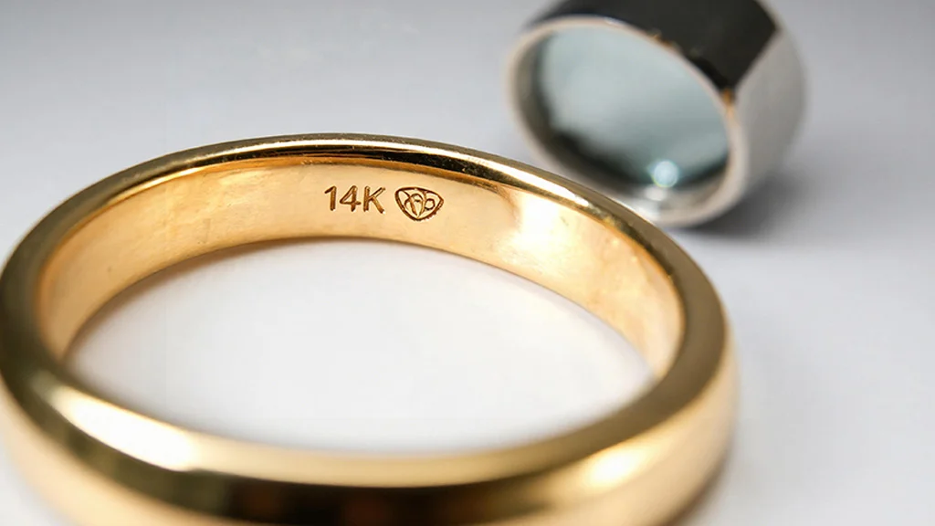 Hallmark stamp verifying gold purity on a promise ring
