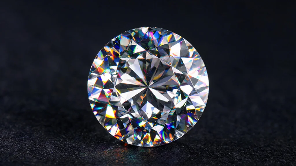 Macro close up of a moissanite gemstone showing rainbow fire and brilliance