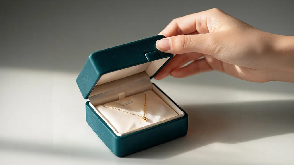 Matte magnetic closure jewelry box opening to reveal a gold necklace on satin