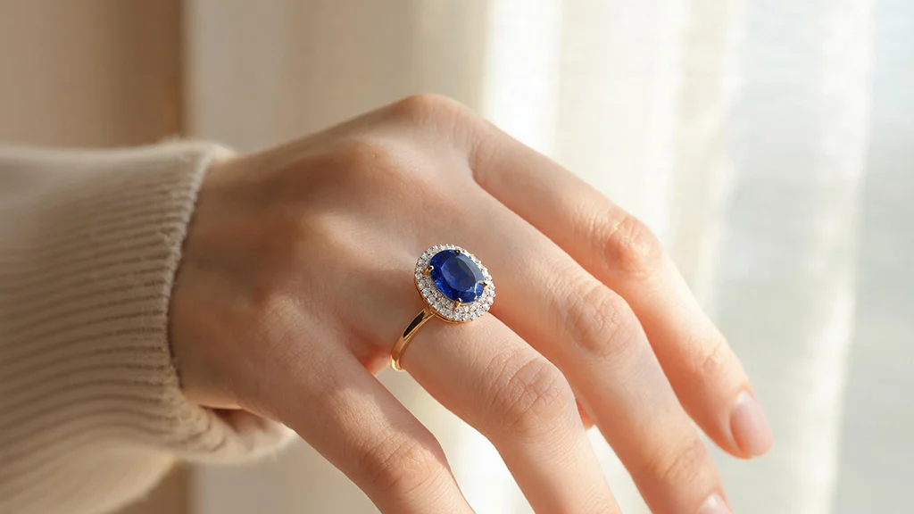 Oval blue sapphire engagement ring with diamond halo worn on hand
