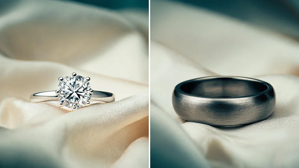Platinum engagement ring next to a matte titanium wedding band, side by side comparison of Titanium vs Platinum
