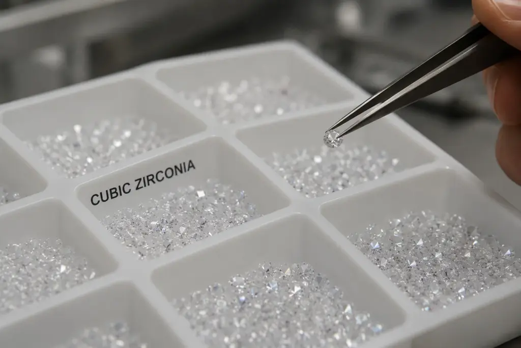 Rows of loose cubic zirconia gemstones