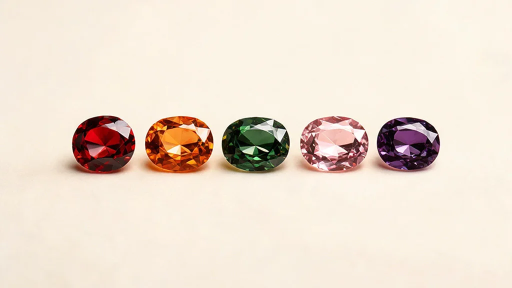 Spectrum of garnet gemstone colors including red, orange, green, and pink varieties