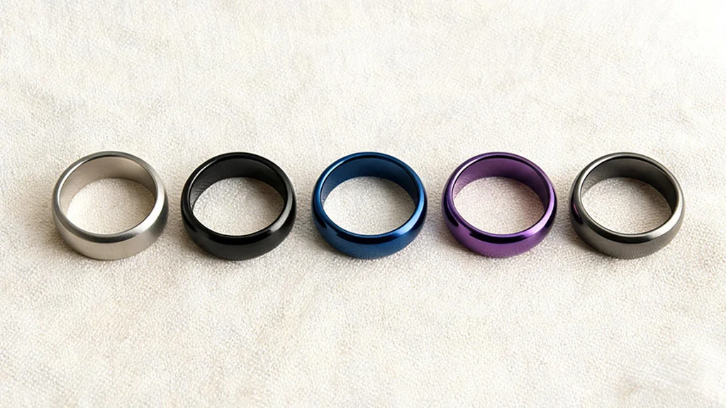 Titanium rings shown in five anodized colors including black, blue, and gunmetal