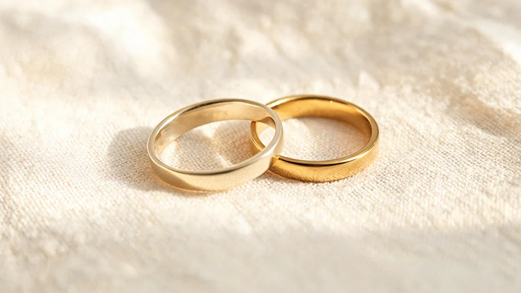 Two gold rings side by side comparing 10K vs 14K gold color tones