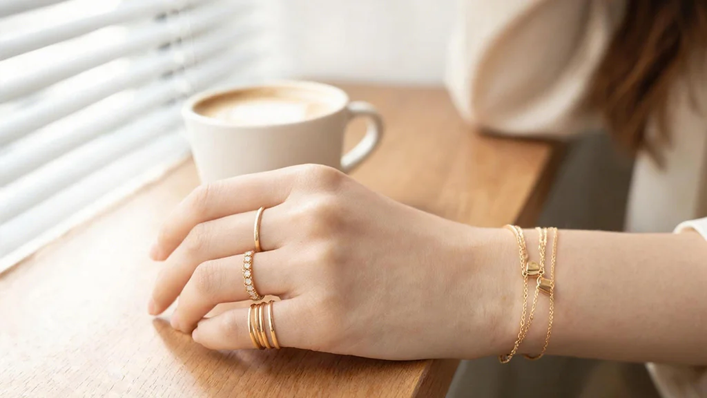 Woman wearing layered gold filled rings and bracelet for everyday wear