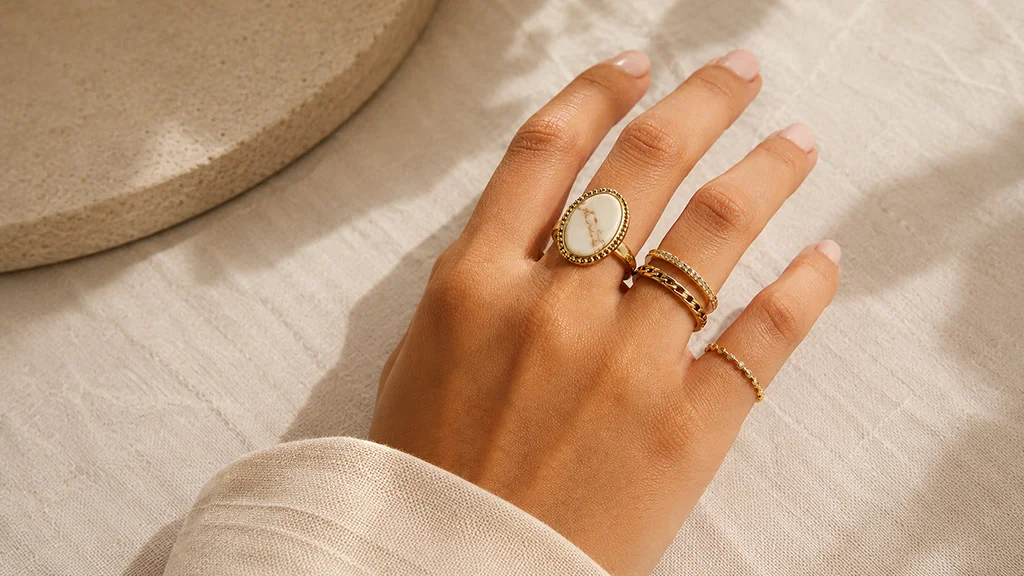 Woman's hand wearing a stacked gold ring set across three fingers showing how to stack rings