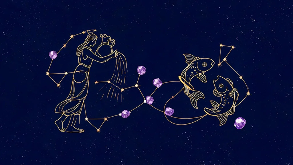 illustration of Aquarius and Pisces zodiac constellations linked to amethyst