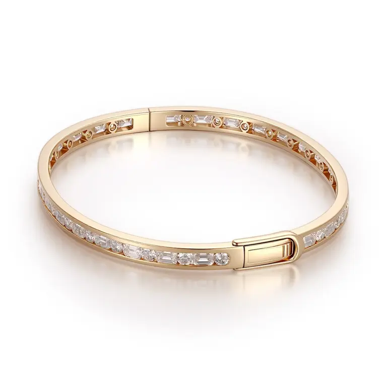 minimalist 18k gold bangle bracelet featuring emerald round lab grown diamonds 1