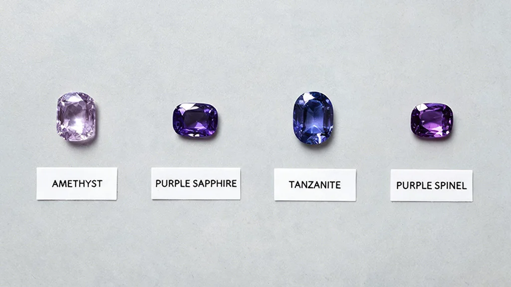 side by side comparison of amethyst, sapphire, tanzanite, and spinel