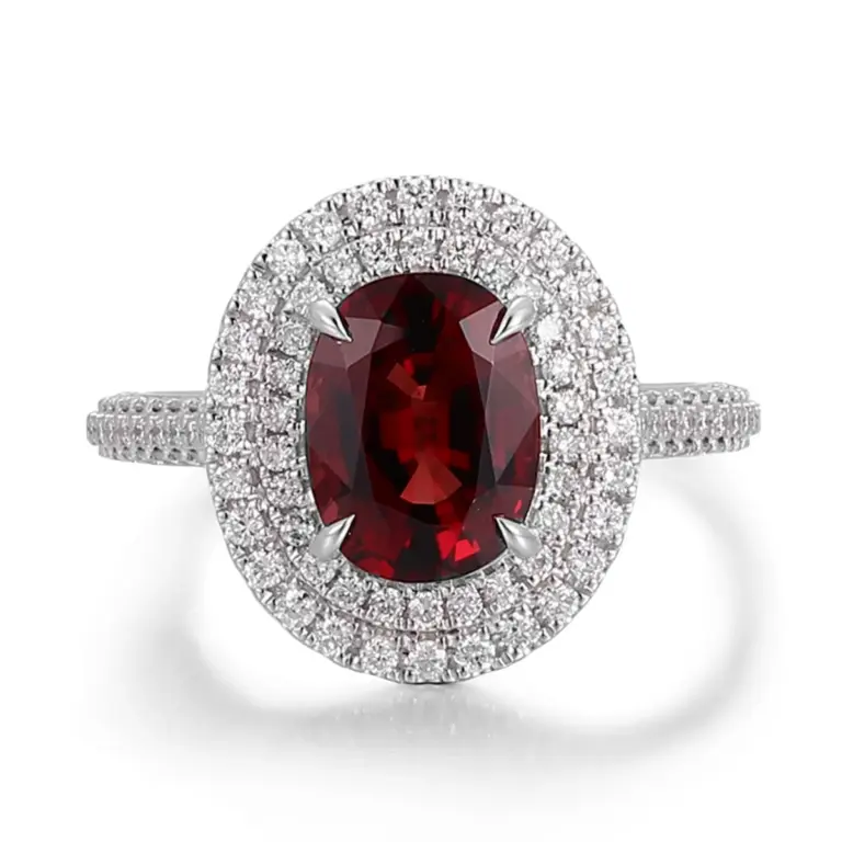 14k gold 3ct oval red lab grown ruby double halo engagement ring 1