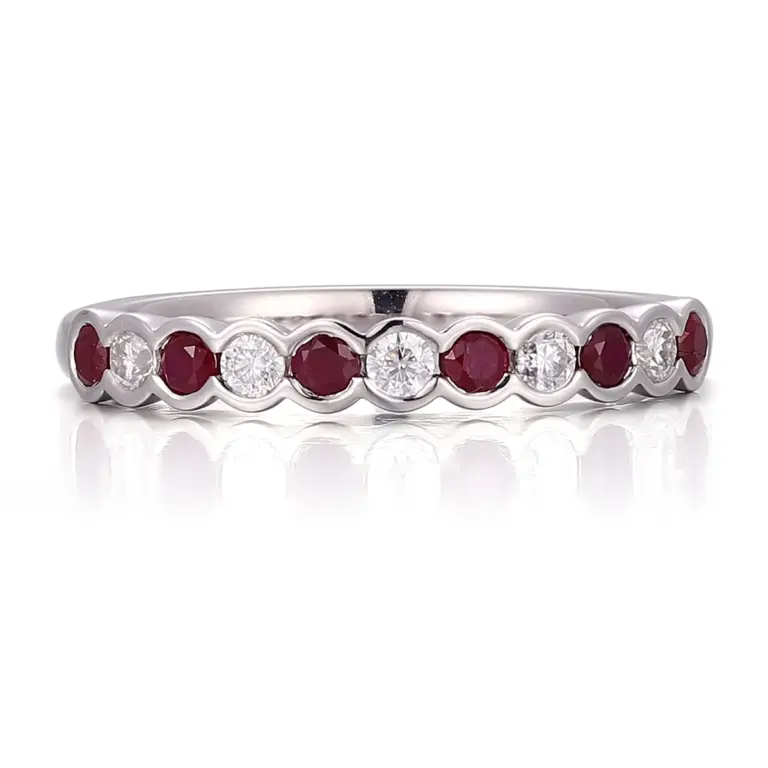 14k gold round red lab grown ruby eternity ring 1