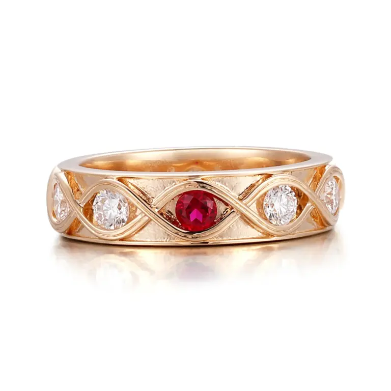 14k gold round white lab grown ruby wide band engagement ring 1