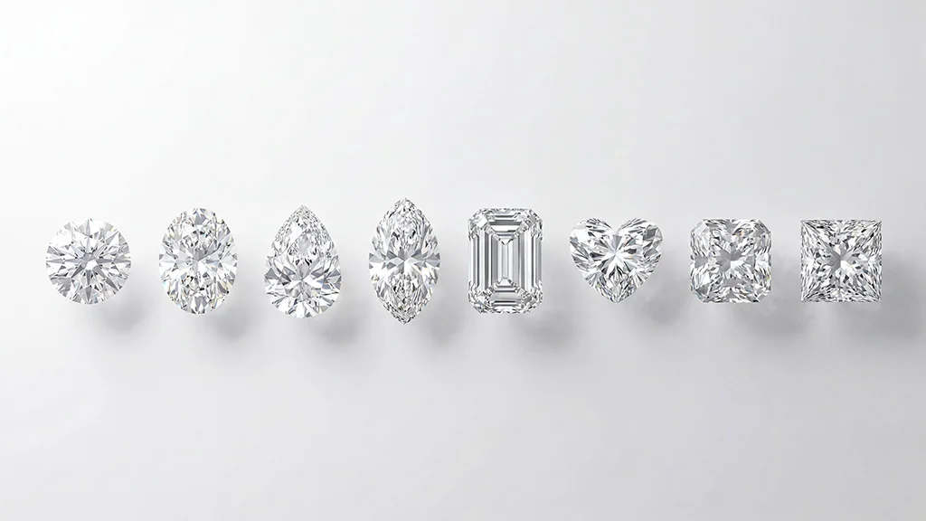 8 diamond shapes arranged together, including round, oval, princess, and emerald cuts