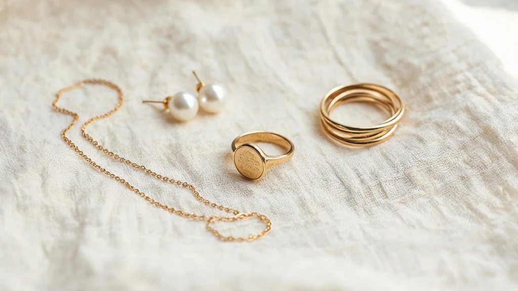 Assorted fine jewelry pieces representing different jewelry aesthetics arranged on a neutral background