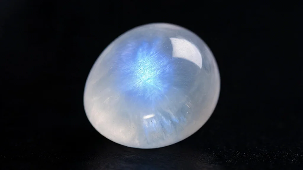 Close up of a moonstone cabochon showing its blue adularescence glow