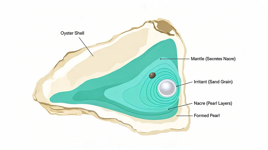 Diagram showing how a pearl forms in layers of nacre inside an oyster