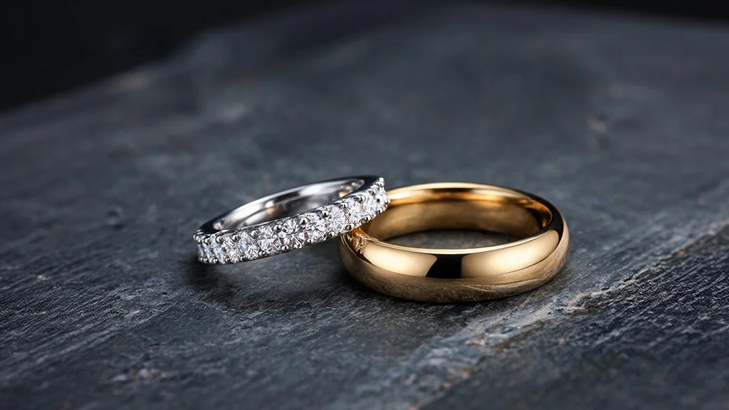 Diamond eternity wedding band next to a classic plain gold wedding band