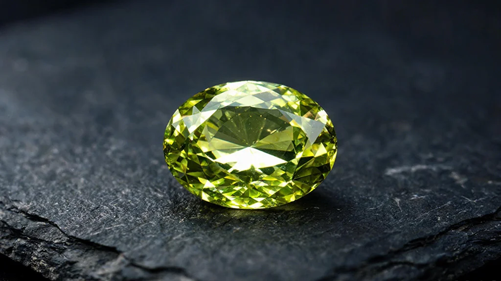 Faceted peridot gemstone showing its signature yellow green color