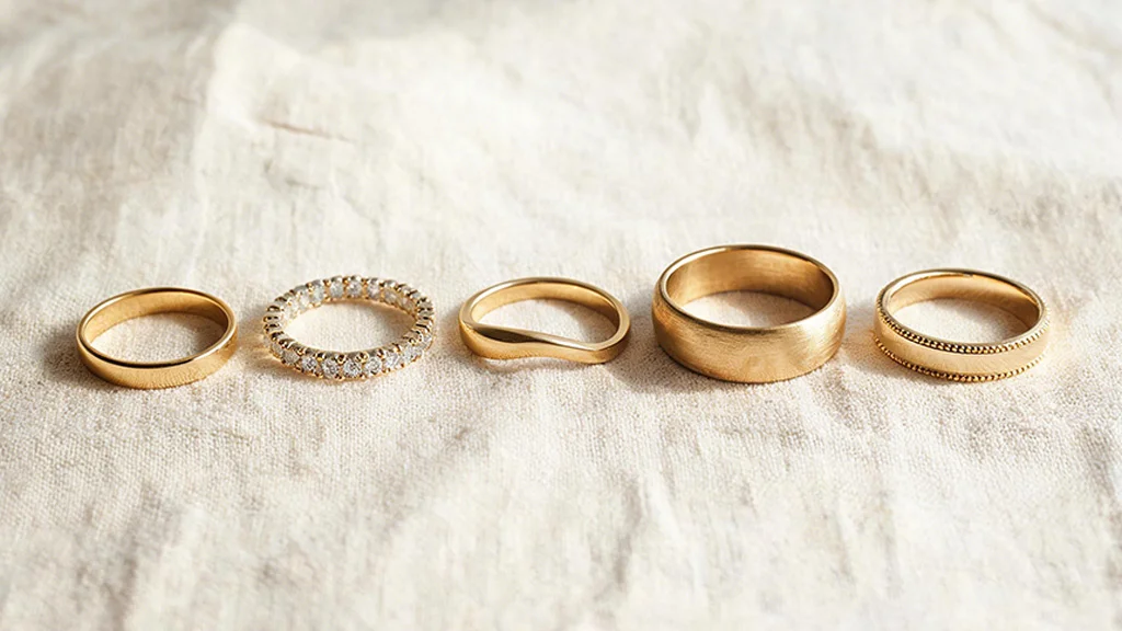 Five different wedding ring styles arranged together, including a classic band, eternity band, and vintage inspired band