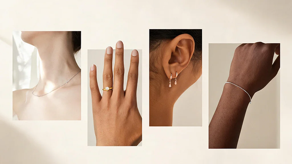 Four models with different skin tones wearing silver, yellow gold, rose gold, and platinum jewelry to matching fewelry for skin tone