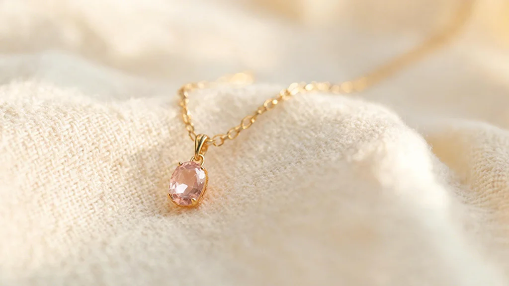 Gold birthstone necklace with a colored gemstone pendant, an example of a high story density jewelry niche