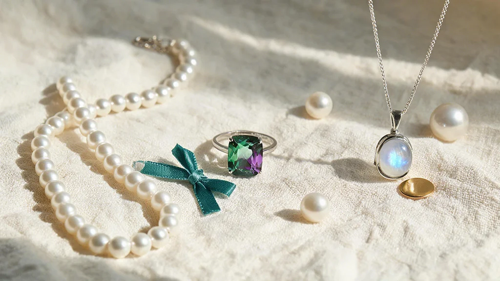 June's birthstone jewelry flatlay featuring pearl necklace, alexandrite ring, and moonstone pendant