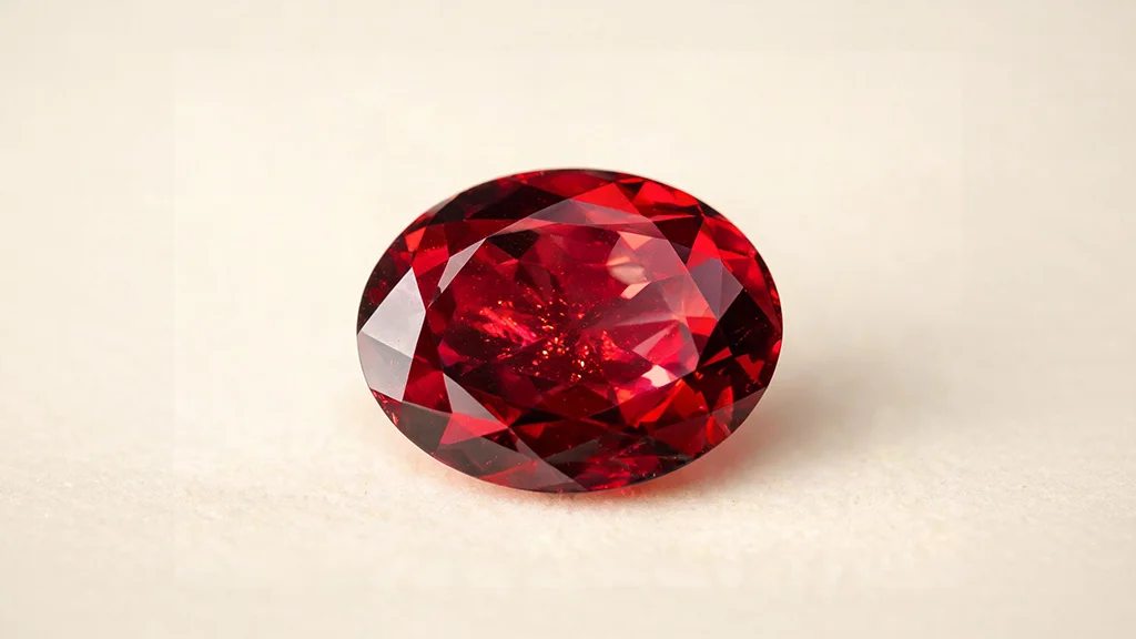 Macro close up of a faceted ruby gemstone showing its deep red pigeon's blood color