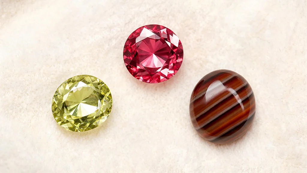 Peridot, spinel, and sardonyx — the three August birthstones side by side