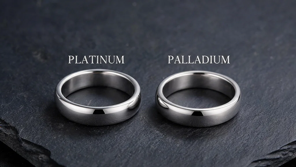 Platinum wedding ring next to a palladium wedding ring, showing their nearly identical white color of Platinum vs palladium