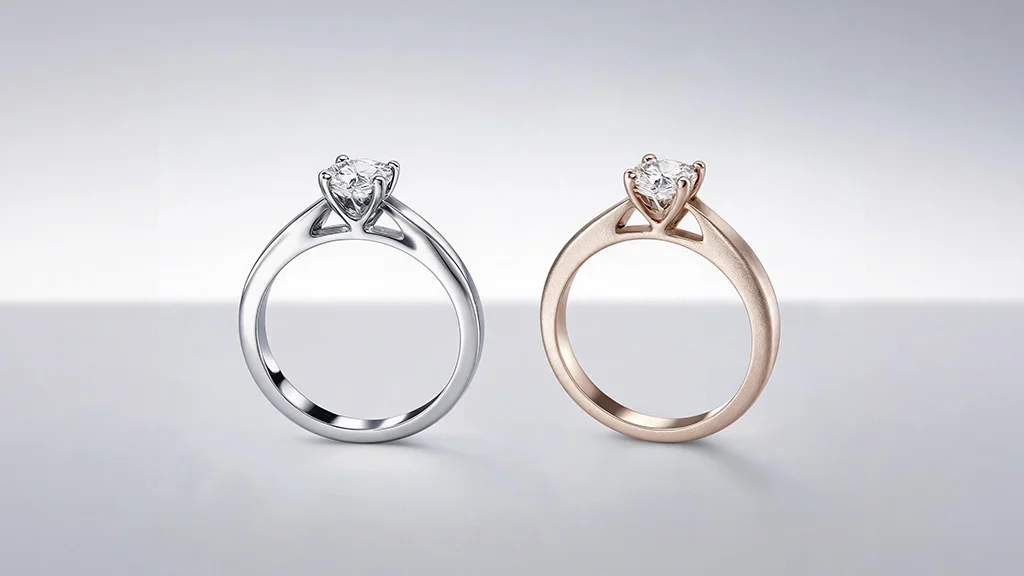 Rhodium plated white gold ring next to unplated white gold ring showing white gold vs rhodium