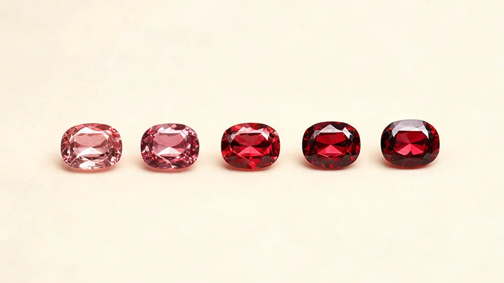 Ruby color gradient from light pinkish red to deep pigeon's blood red used in gemstone grading