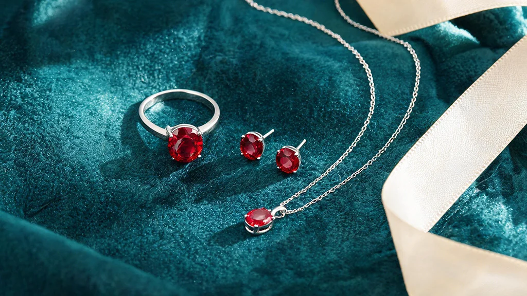 Ruby jewelry flatlay featuring a ring, earrings, and necklace representing July's birthstone