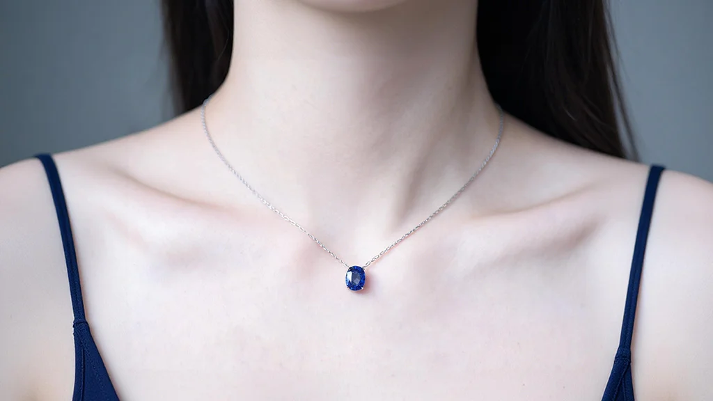 Sterling silver necklace with blue sapphire pendant on cool undertone skin