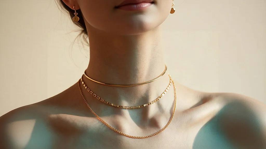 Woman wearing three layered gold necklaces of different lengths, illustrating a necklace length guide