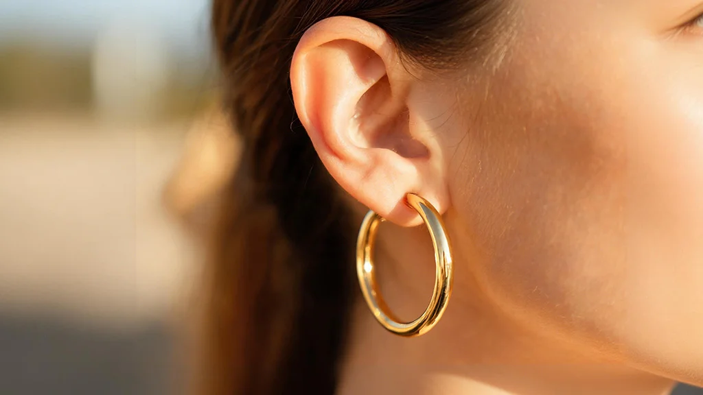 Yellow gold hoop earrings on warm undertone skin
