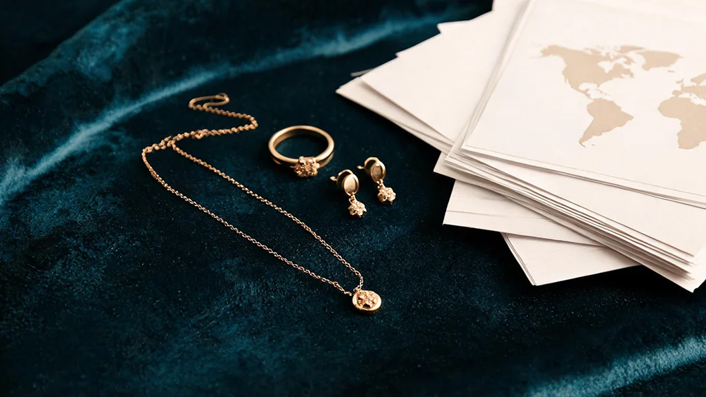 gold jewelry pieces displayed alongside international shipping and customs documents, representing global jewelry tariffs