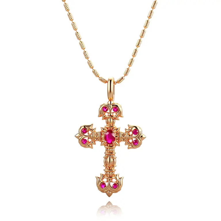 Collar con colgante de cruz de diamantes de oro de 14k con detalles de rubí 1