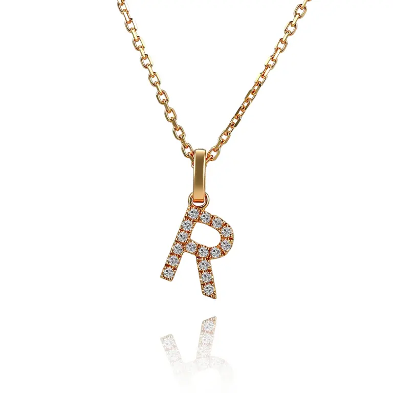 14k gold diamond letter r pendant necklace 1