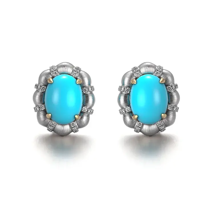 Brincos de ouro 14k com diamantes e detalhes em turquesa.