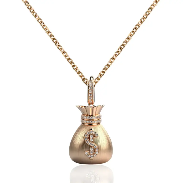Collana con ciondolo a forma di sacchetto di denaro in oro 14 carati e diamanti 1