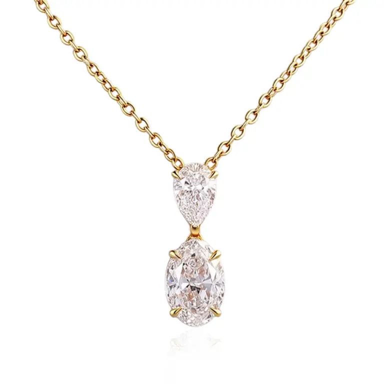 14k gold oval and pear diamond duo pendant necklace 1