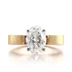 Anel de noivado solitário com aro estreito em ouro escovado 18k com diamante oval cultivado em laboratório.