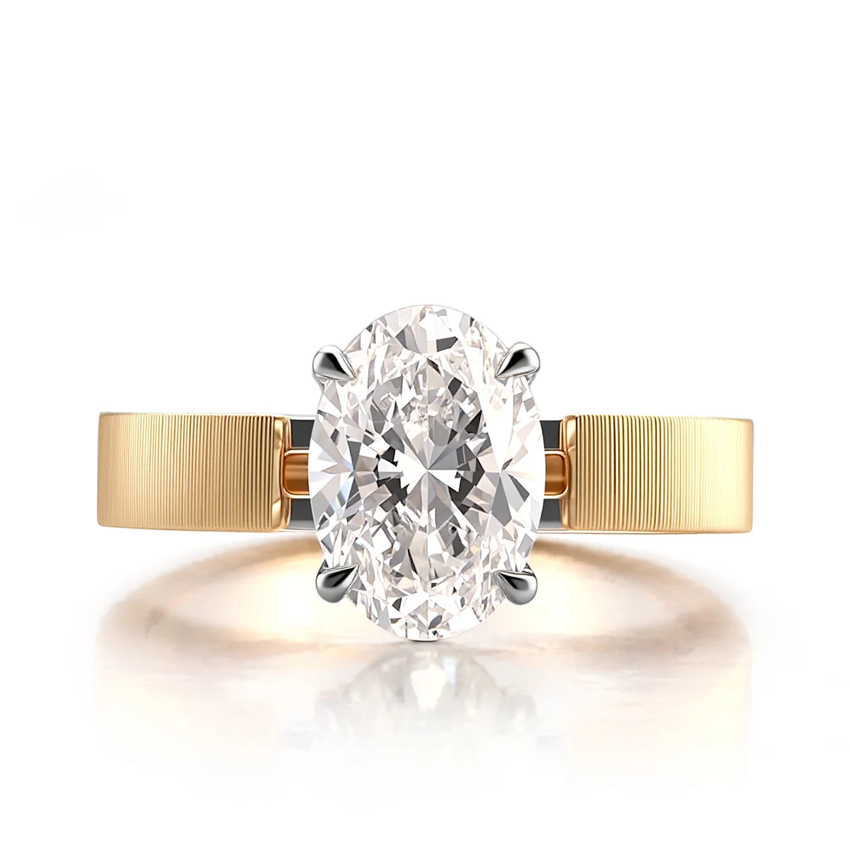 Anel de noivado solitário com aro estreito em ouro escovado 18k com diamante oval cultivado em laboratório. Anel de noivado solitário com aro estreito em ouro escovado 18k com diamante oval cultivado em laboratório.